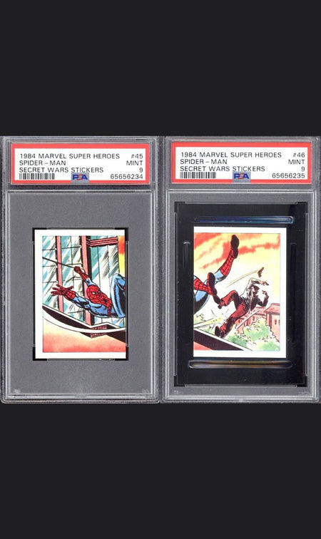 SPIDER-MAN PSA 9 1984 Marvel Super Heroes Secret Wars Stickers #45 #46 Marvel Graded Cards Sticker - Hobby Gems