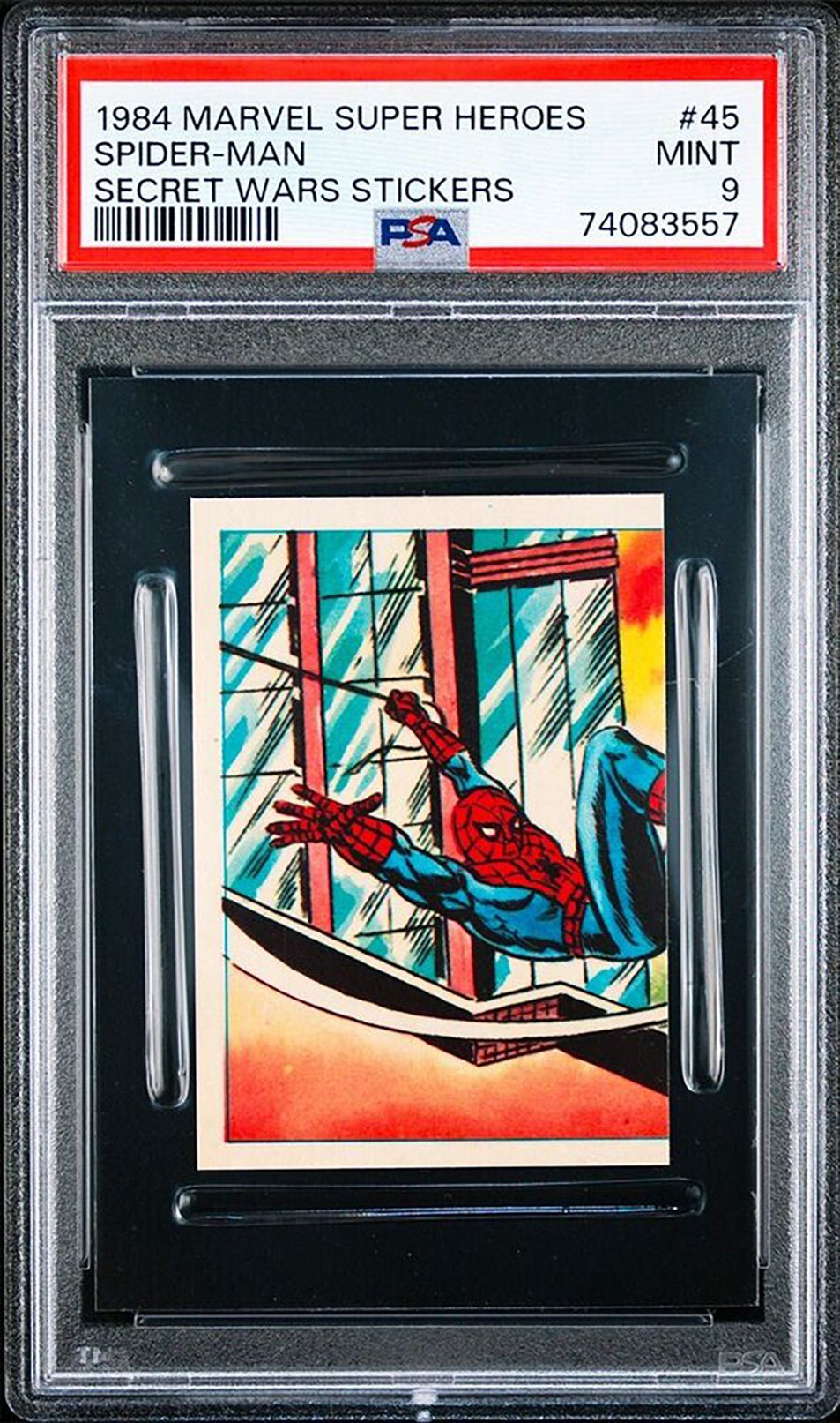 SPIDER-MAN PSA 9 1984 Marvel Super Heroes Secret Wars Stickers #45 Marvel Graded Cards Sticker - Hobby Gems