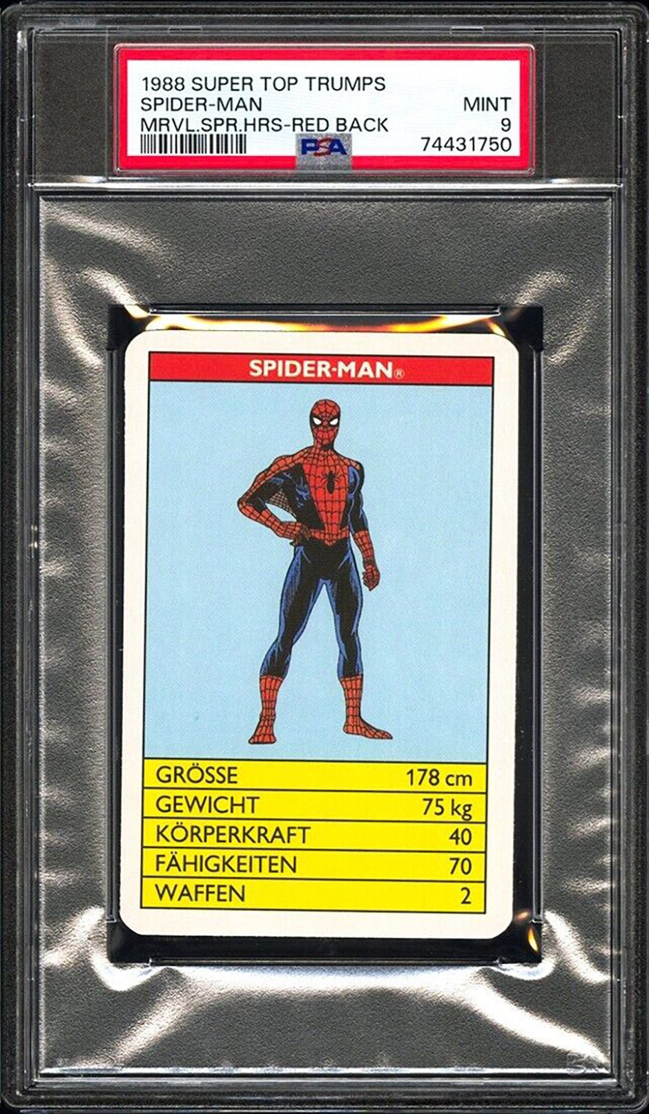 SPIDER-MAN PSA 9 1988 Super Top Trumps Marvel Super Heroes Red Back Marvel Base Graded Cards - Hobby Gems