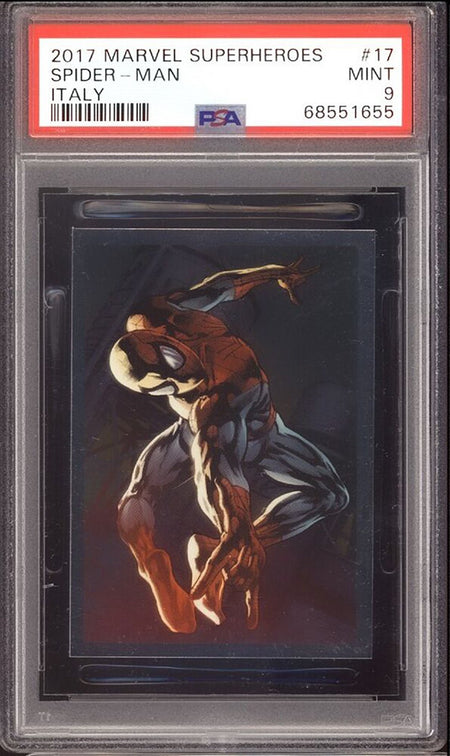 SPIDER-MAN PSA 9 2017 Panini Marvel SuperHeroes Sticker Foil #17 Italy Marvel Graded Cards Sticker - Hobby Gems