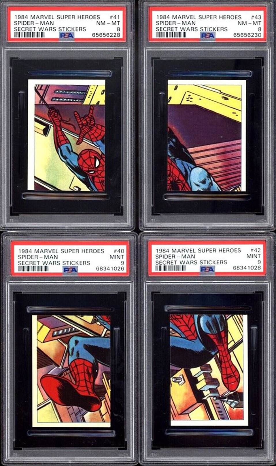 SPIDER-MAN PSA 9 & 8 1984 Marvel Super Heroes Secret Wars Stickers #40 #41 #42 #43 Marvel Graded Cards Sticker - Hobby Gems