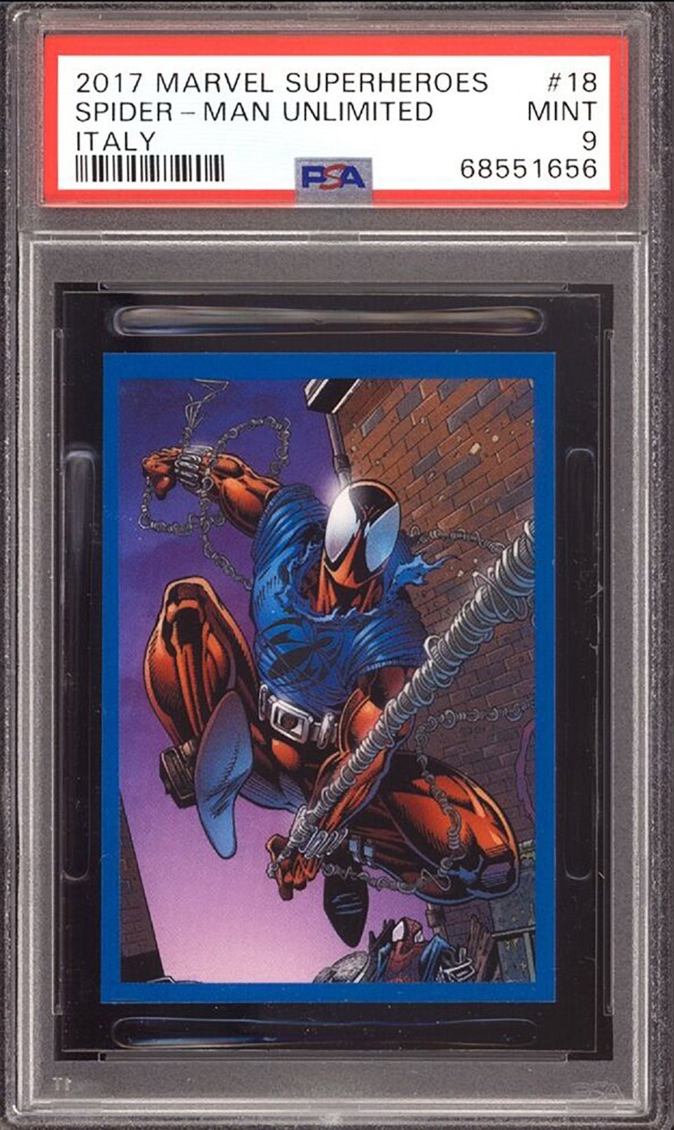 SPIDER-MAN UNLIMITED PSA 9 2017 Panini Marvel SuperHeroes Sticker Embossed #18 Marvel Graded Cards Sticker - Hobby Gems