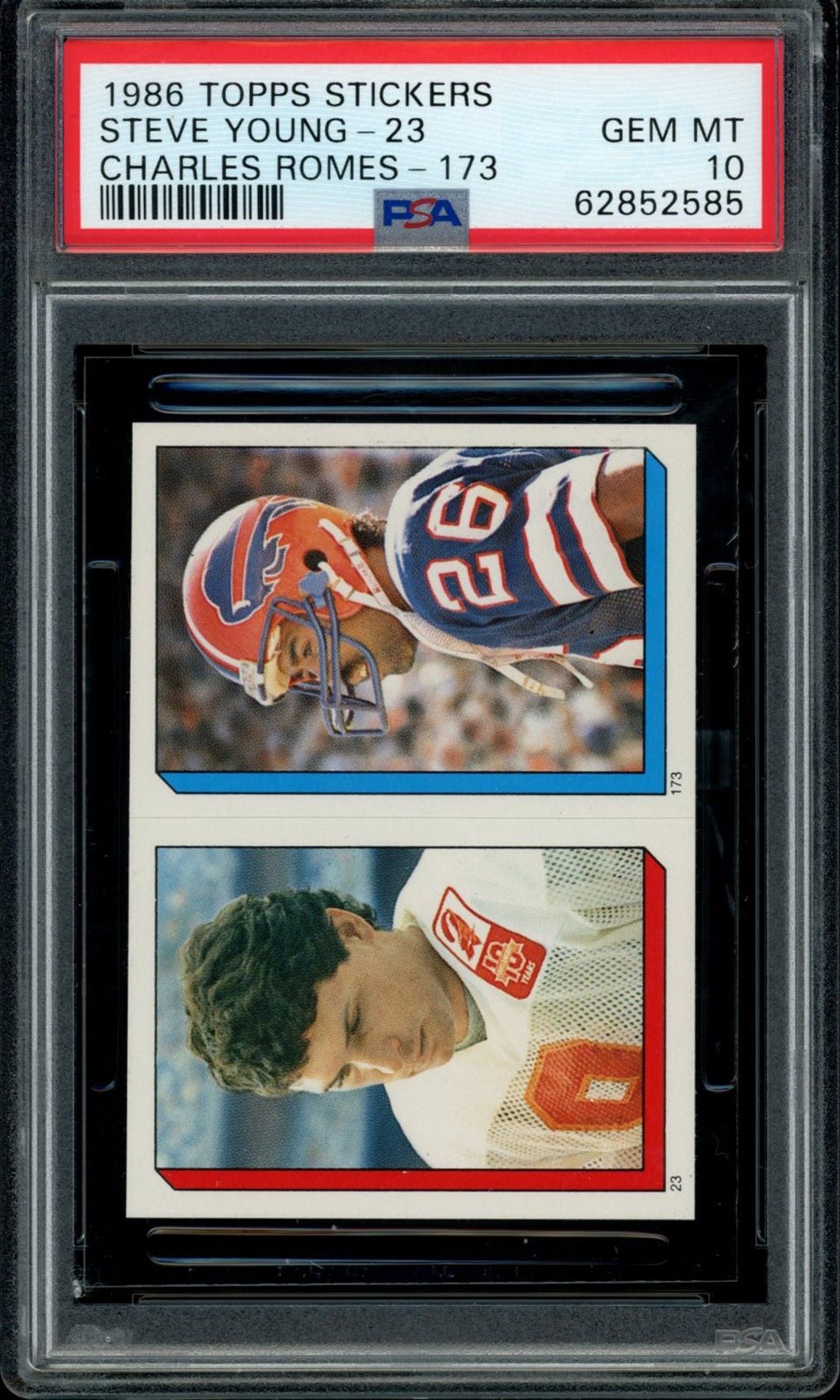 STEVE YOUNG Charles Romes PSA 10 1986 Topps Sticker #23 173 Football Graded Cards RC Sticker - Hobby Gems