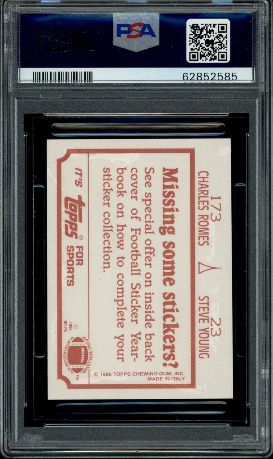 STEVE YOUNG Charles Romes PSA 10 1986 Topps Sticker #23 173 Football Graded Cards RC Sticker - Hobby Gems