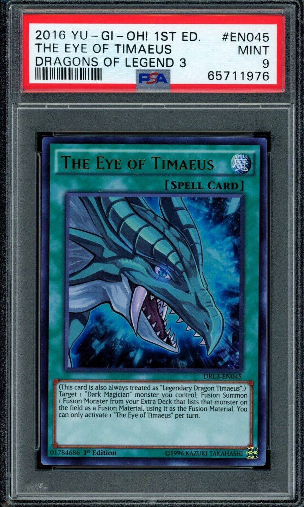 THE EYE OF TIMAEUS DRL3-EN045 Ultra Rare PSA 9 2016 Dragons of Legend 3 1st Edition C2 Yu-Gi-Oh Base Graded Cards - Hobby Gems