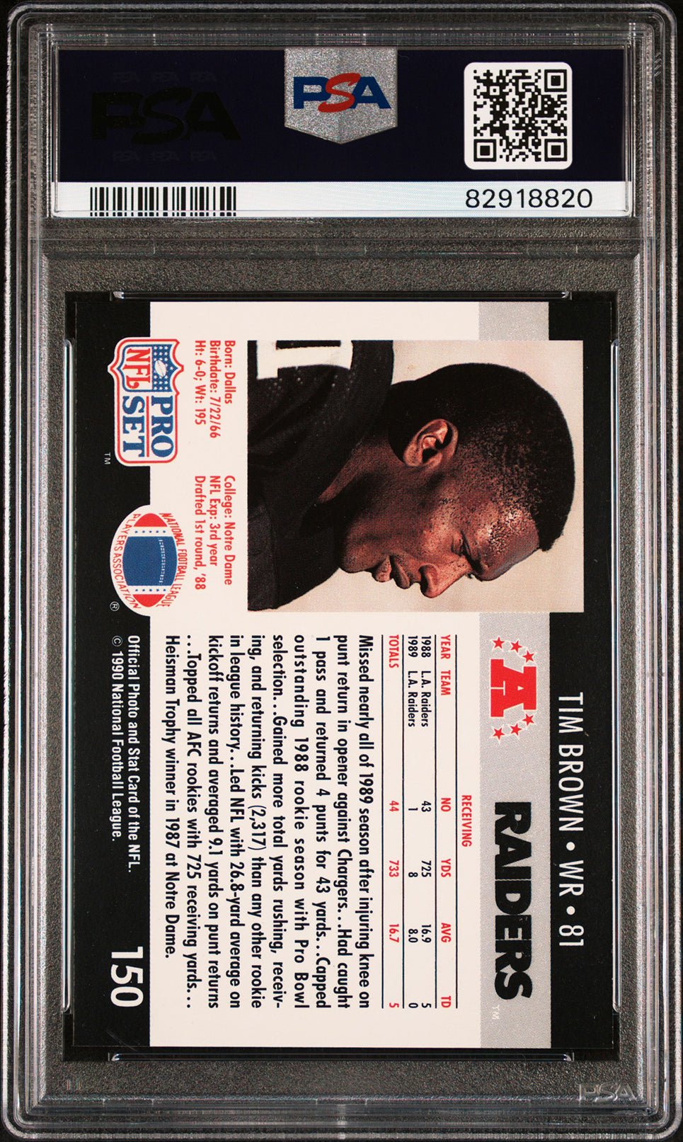 TIM BROWN PSA 9 1990 Pro Set #150 Football Base Graded Cards - Hobby Gems