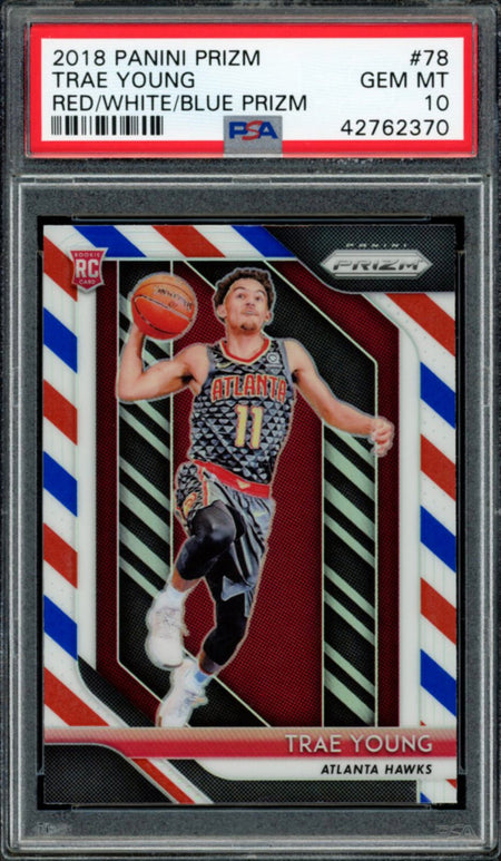 TRAE YOUNG PSA 10 2018-19 Panini Prizm RC Red White Blue Prizm #78 Basketball Graded Cards Parallel RC - Hobby Gems