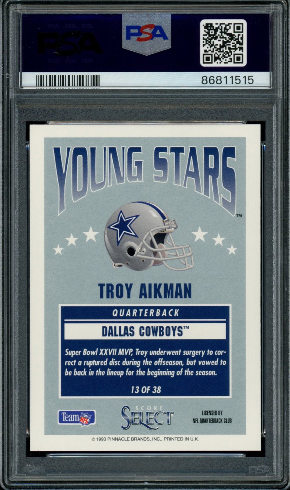 TROY AIKMAN PSA 9 1993 Select Young Stars #13 Football Base Graded Cards - Hobby Gems