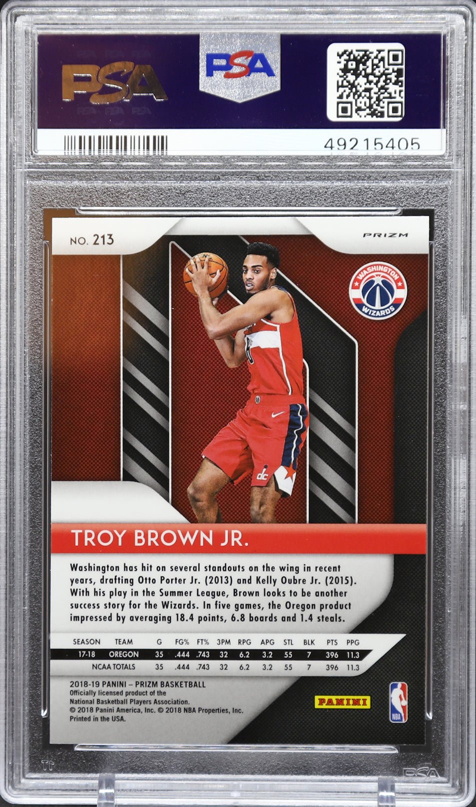 TROY BROWN JR. PSA 10 2018-19 Panini Prizm RC Silver Prizm #213 Basketball Graded Cards Parallel RC - Hobby Gems