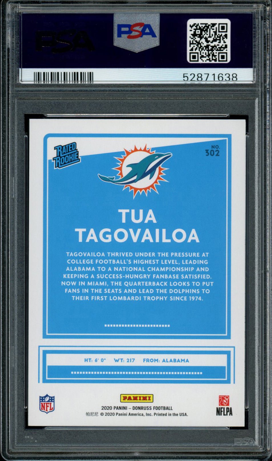 TUA TAGOVAILOA PSA 10 2020 Panini Donruss RC Rated Rookie #302 C1 Football Base Graded Cards RC - Hobby Gems