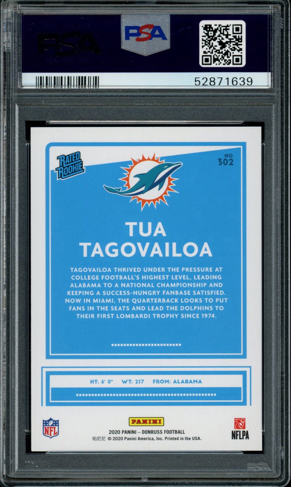 TUA TAGOVAILOA PSA 10 2020 Panini Donruss RC Rated Rookie #302 C2 Football Base Graded Cards RC - Hobby Gems