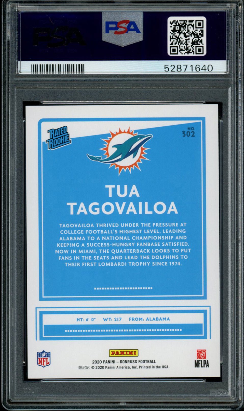 TUA TAGOVAILOA PSA 10 2020 Panini Donruss RC Rated Rookie #302 C3 Football Base Graded Cards RC - Hobby Gems