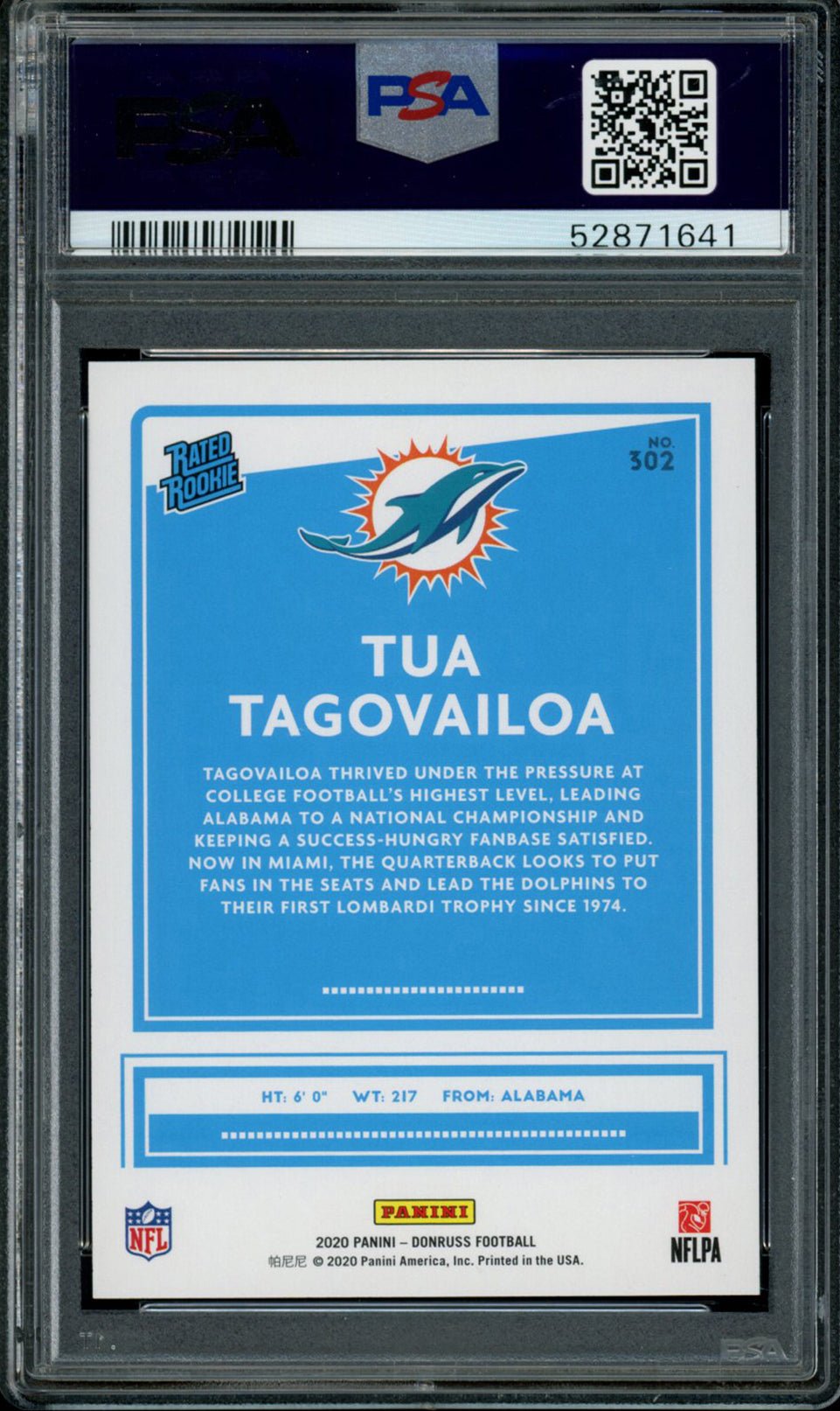 TUA TAGOVAILOA PSA 10 2020 Panini Donruss RC Rated Rookie #302 C4 Football Base Graded Cards RC - Hobby Gems