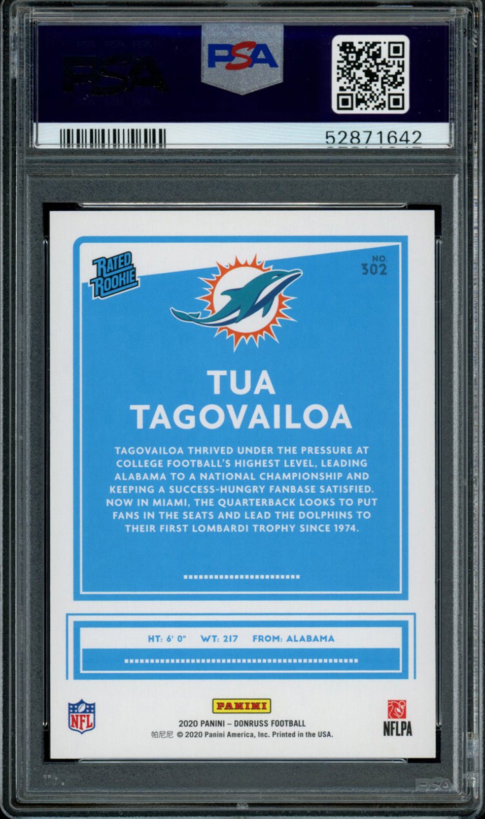 TUA TAGOVAILOA PSA 10 2020 Panini Donruss RC Rated Rookie #302 C5 Football Base Graded Cards RC - Hobby Gems