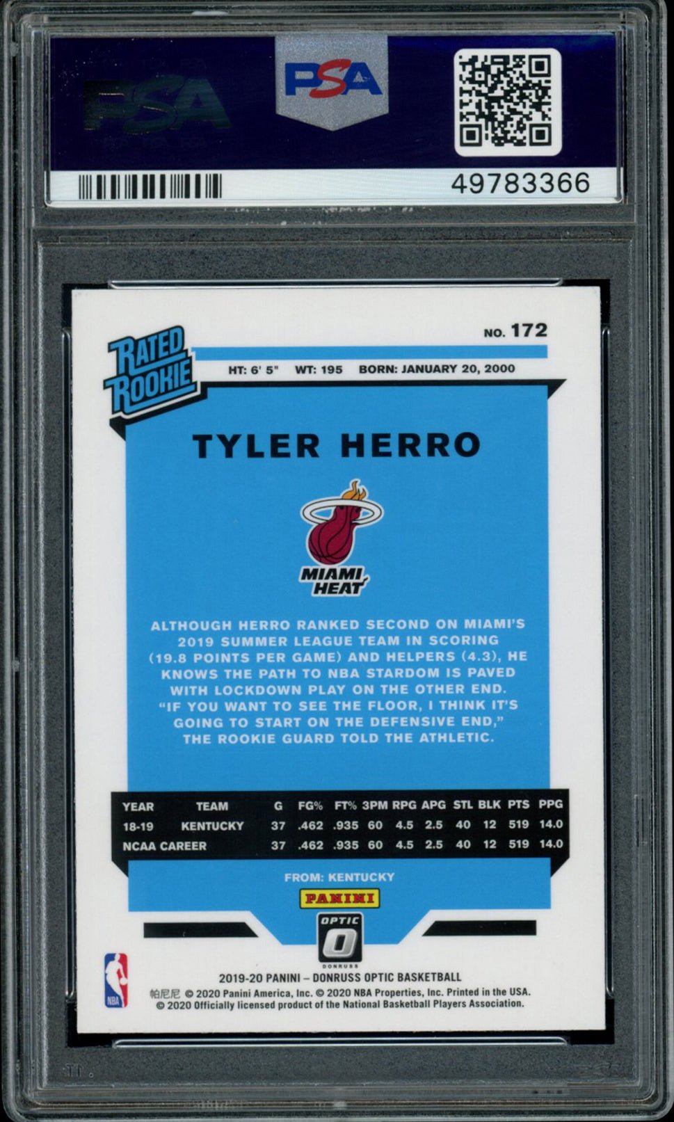 TYLER HERRO PSA 10 2019-20 Panini Donruss Optic RC #172 Basketball Base Graded Cards RC - Hobby Gems