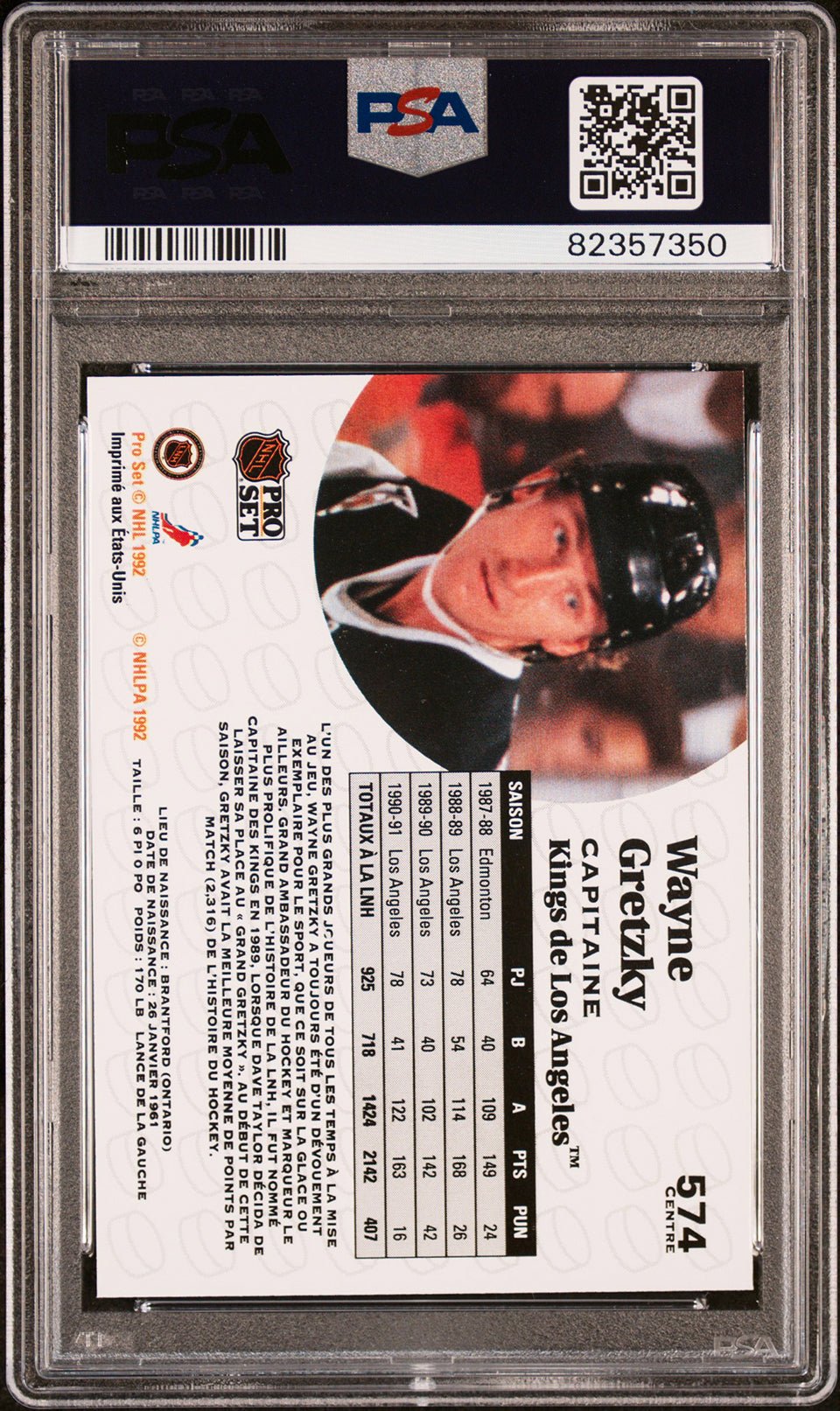 WAYNE GRETZKY PSA 9 1991-92 Pro Set French #574 Hockey Base Graded Cards - Hobby Gems