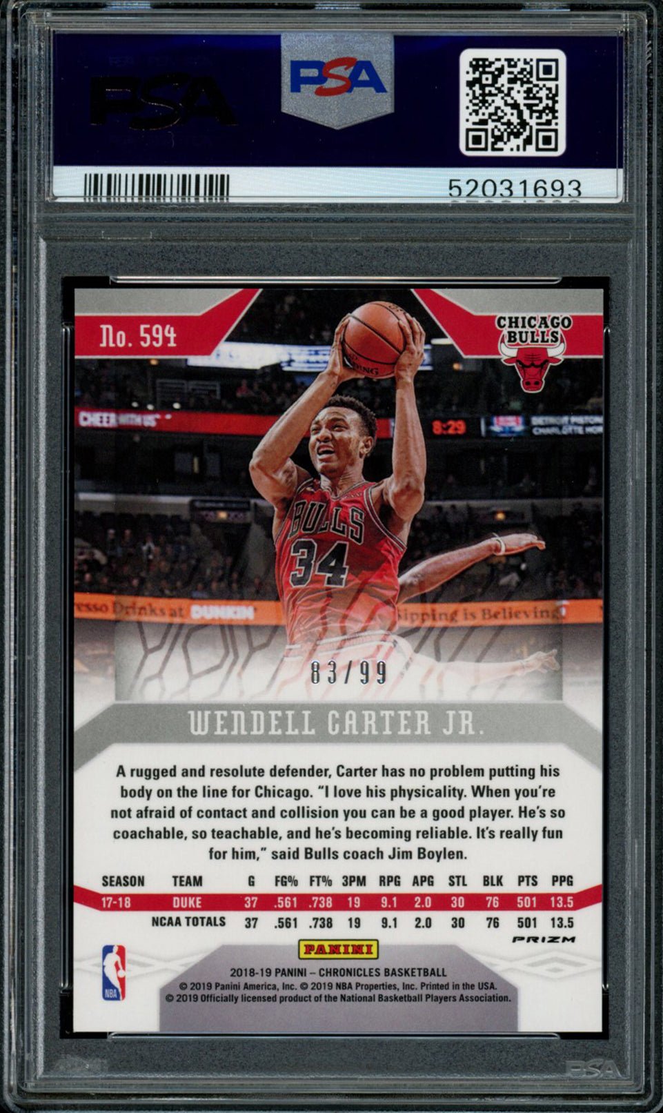 WENDELL CARTER JR PSA 10 2018-19 Panini Chronicles RC Phoenix Blue Prizm #594 83/99 Basketball Graded Cards Parallel RC - Hobby Gems